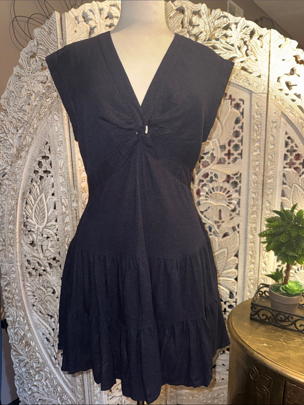Lucky Brand Black V-Neck Tiered Mini Dress